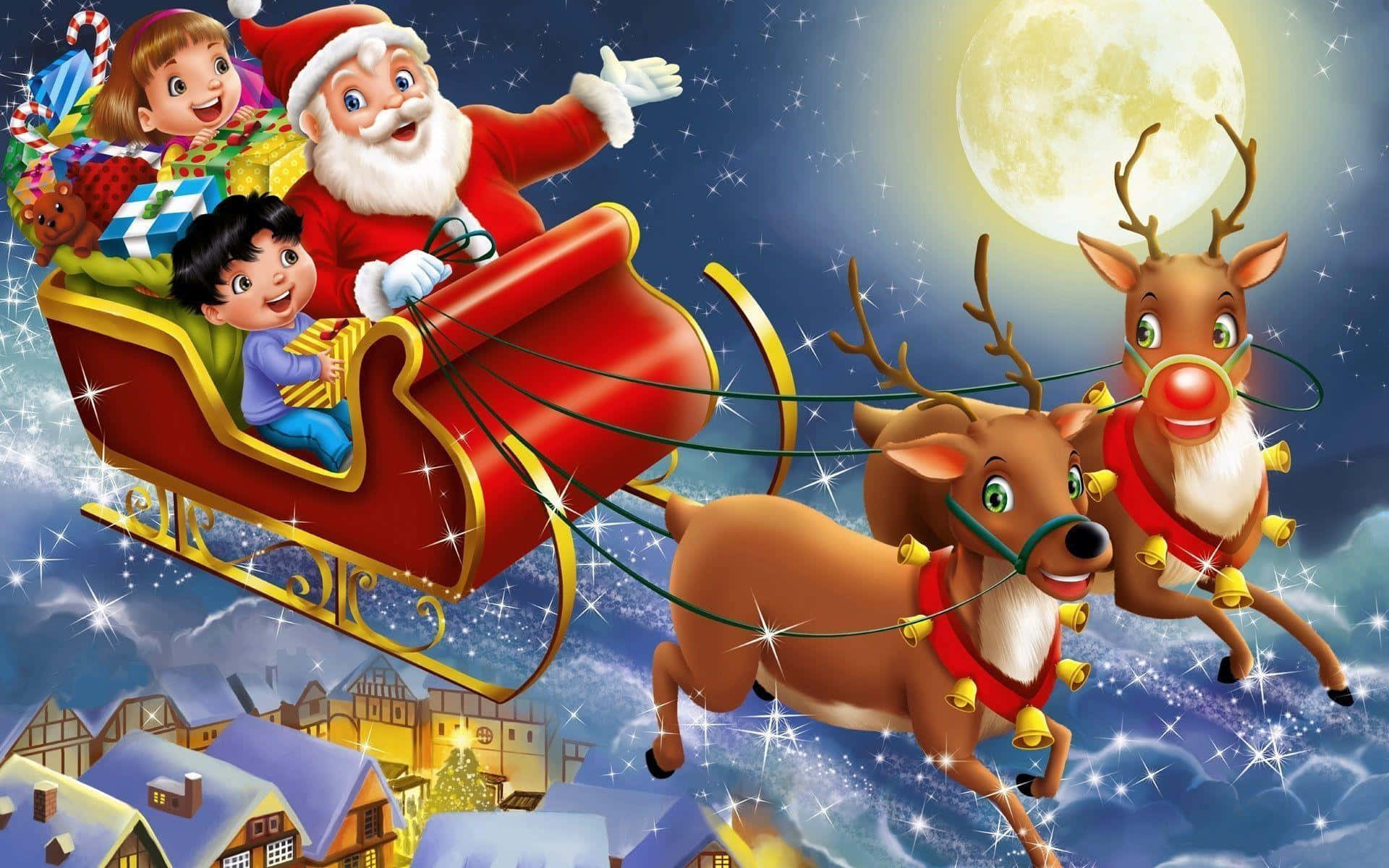 Santa Claus joyfully riding his sleigh with presents against a magical starry night