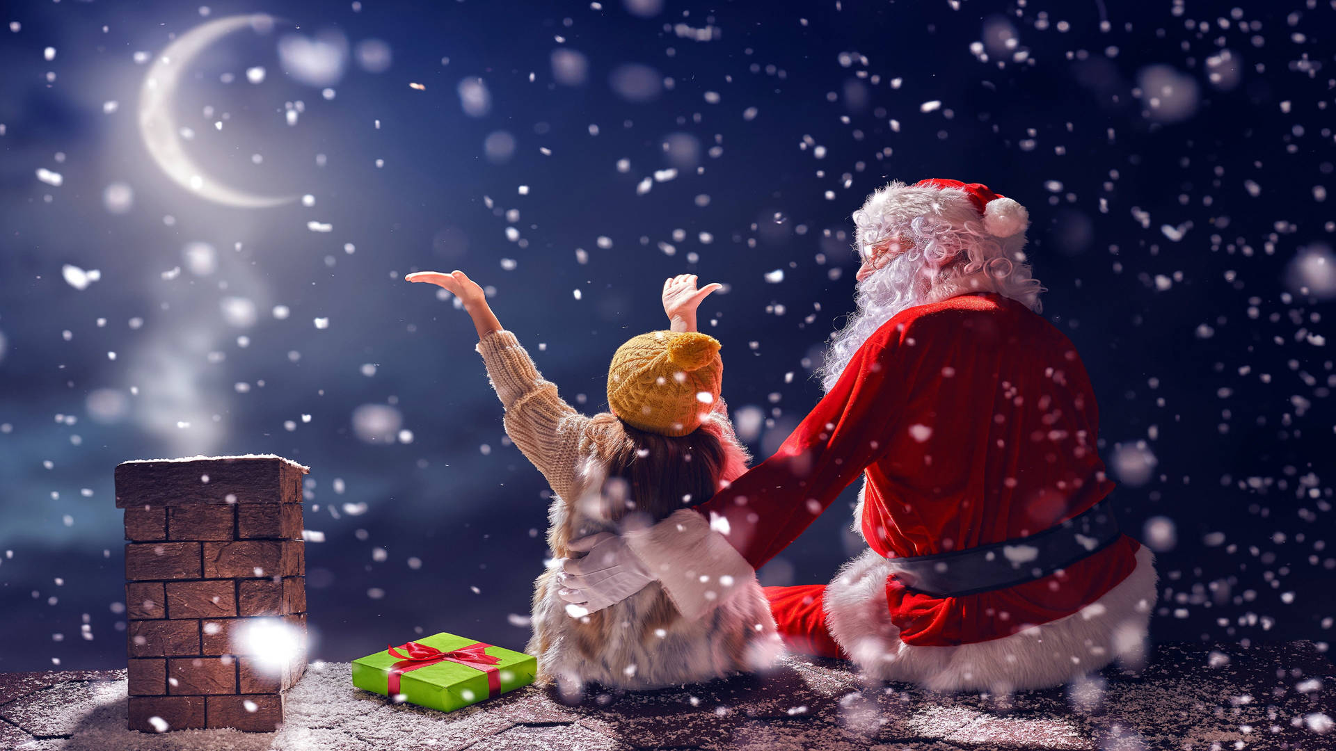 Santa Claus And Girl On Rooftop Wallpaper