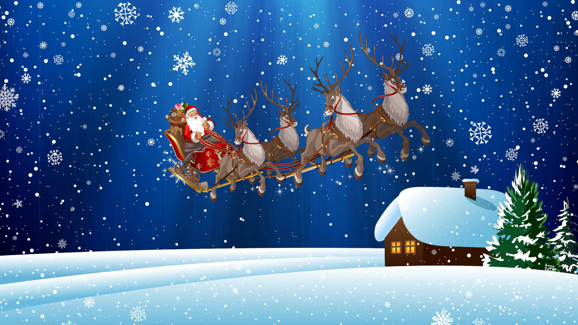 Santa Claus Flying With Reindeers