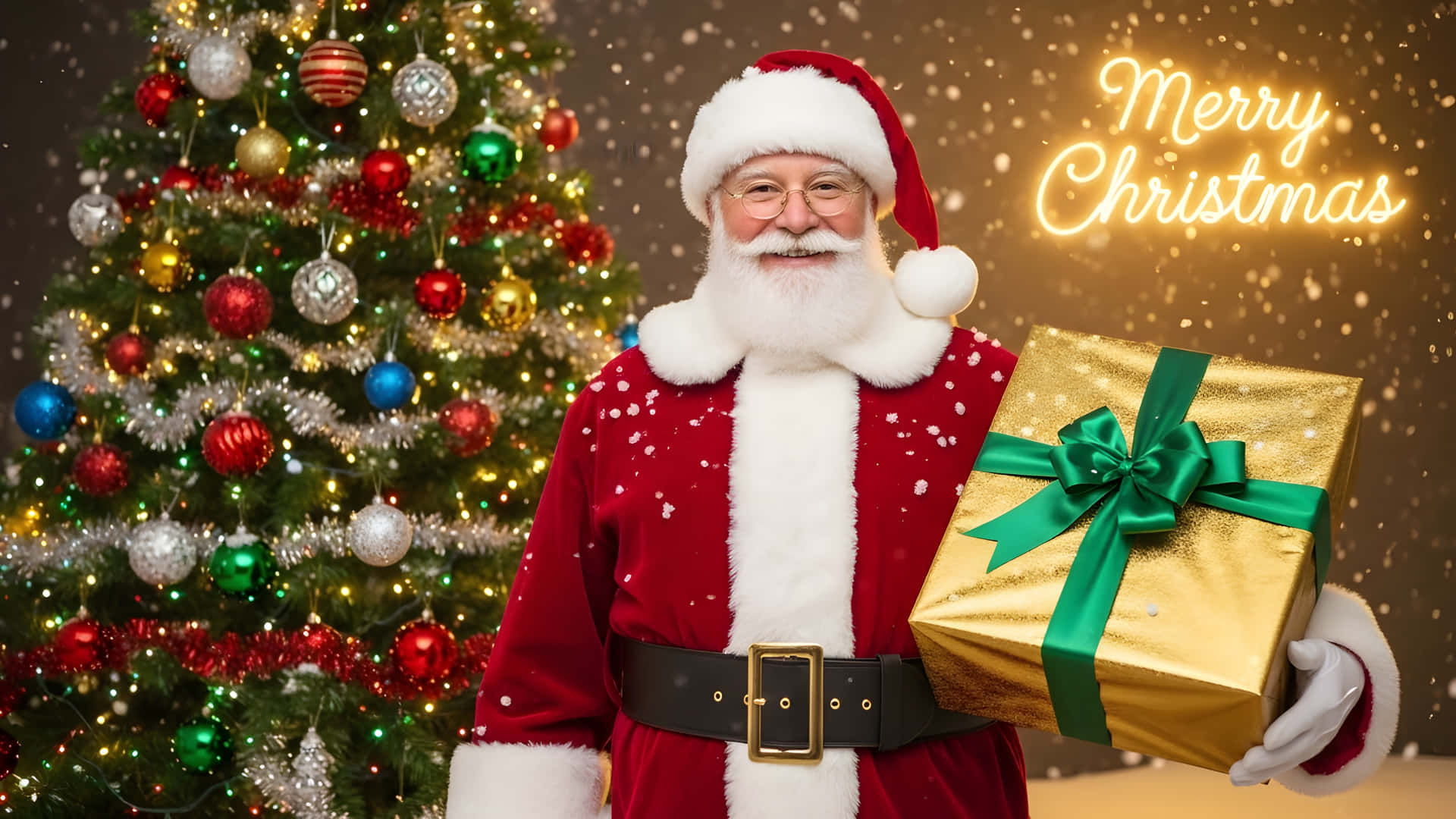 Santa Claus Holds A Gift In Front Of A Christmas Tree Wallpaper