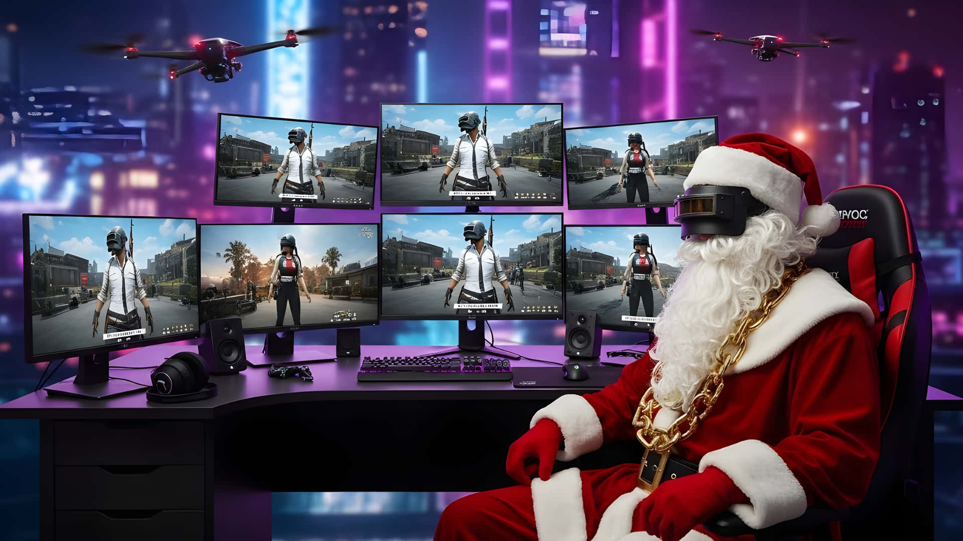 Santa Claus Plays Video Games On Multiple Monitors With Drones Overhead Wallpaper