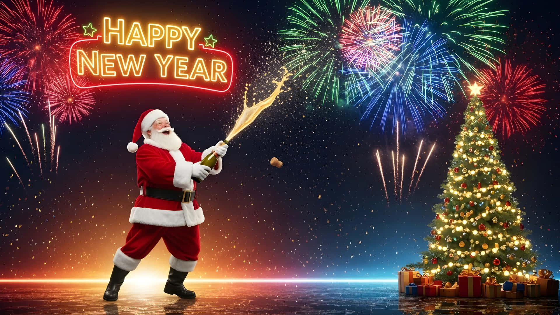 Santa Claus Pops Champagne With Fireworks And Christmas Tree Wallpaper