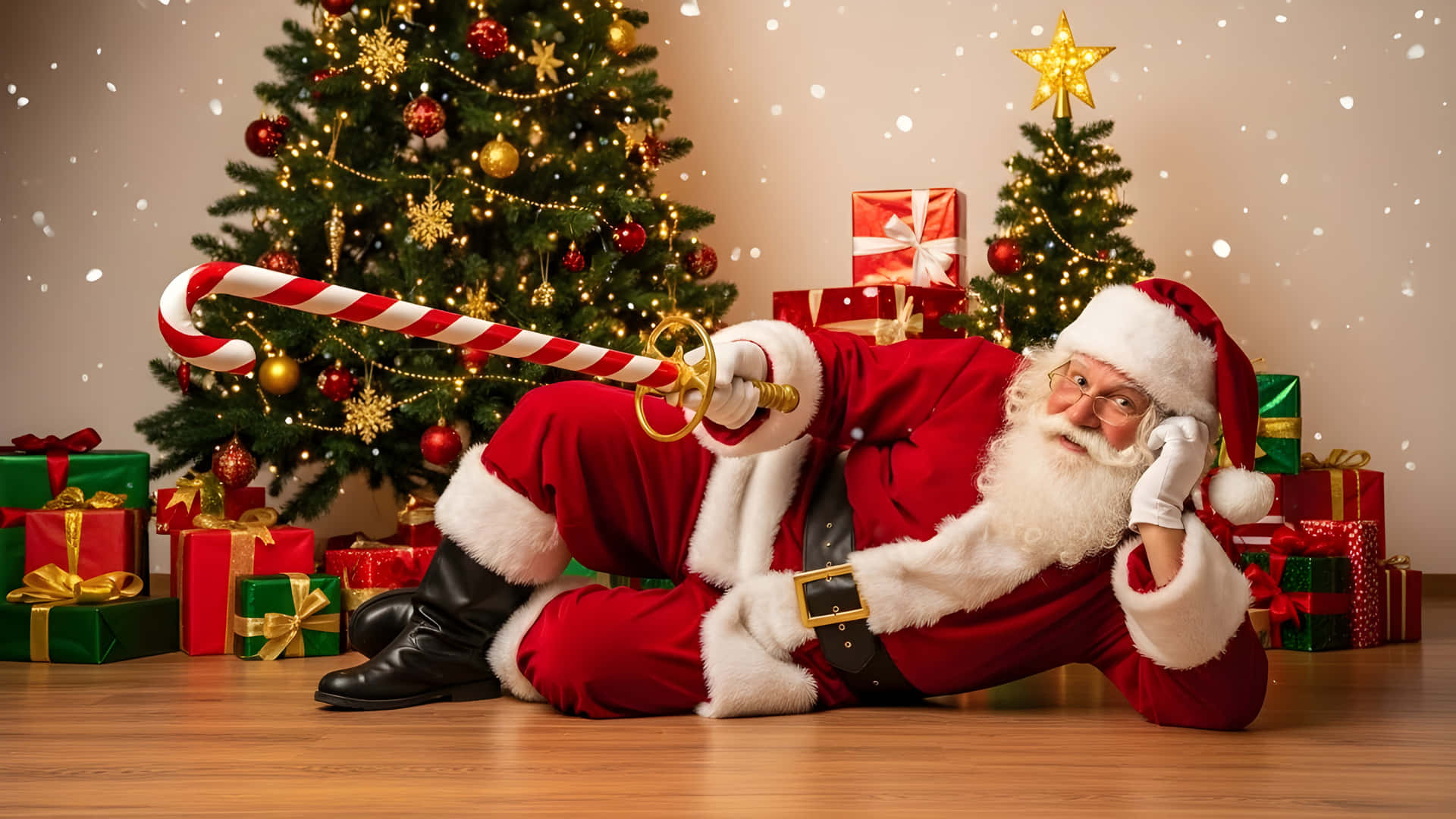 Santa Claus Relaxing With Candy Cane Wallpaper