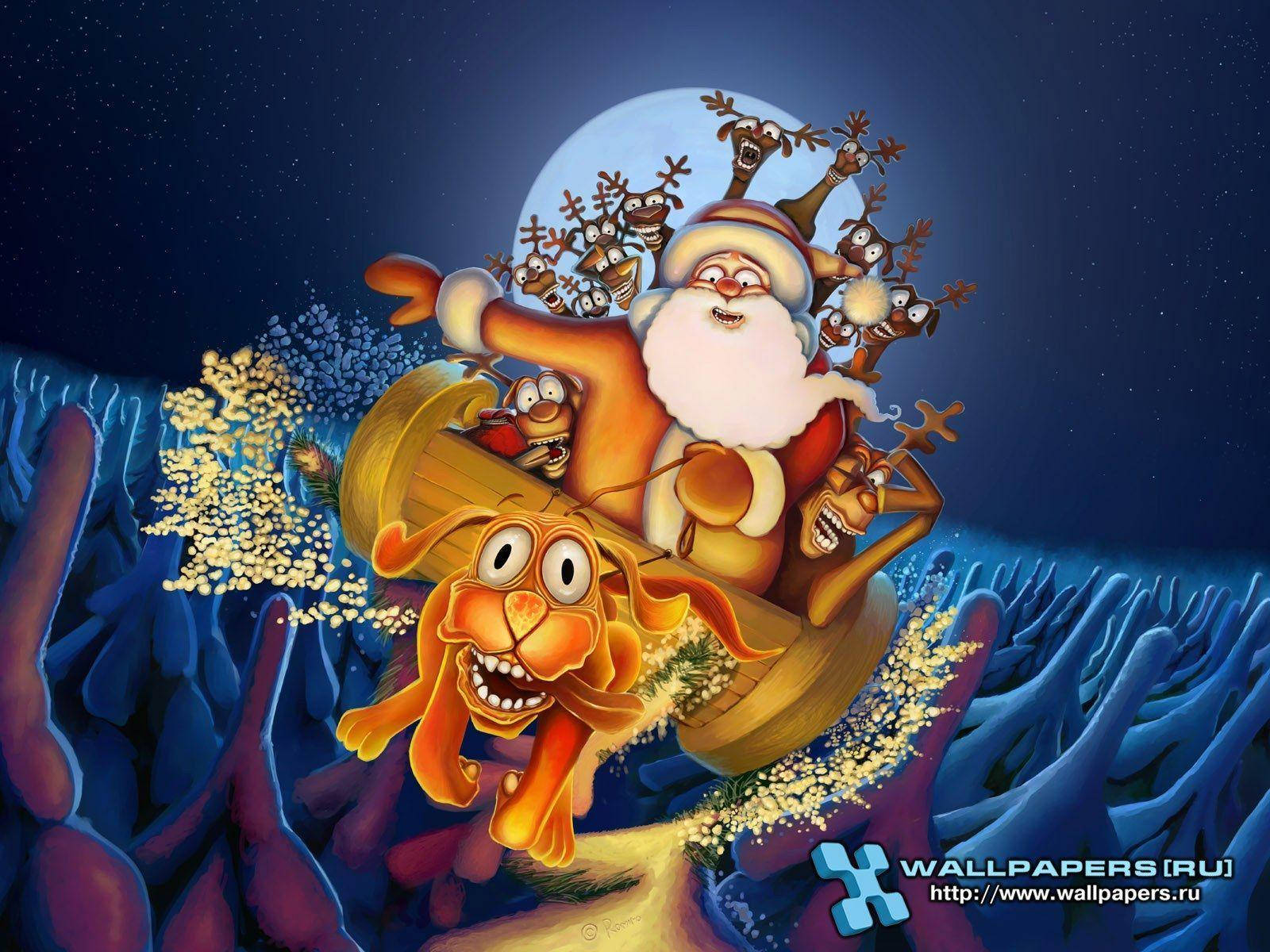Santa Claus Riding Sleigh Funny Christmas Wallpaper