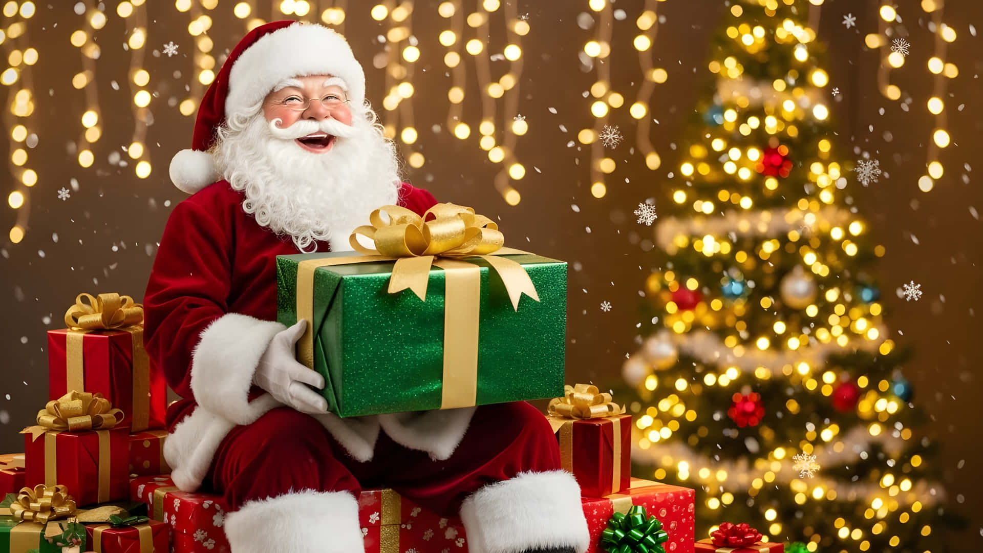 Santa Claus With Gifts And Christmas Tree Wallpaper