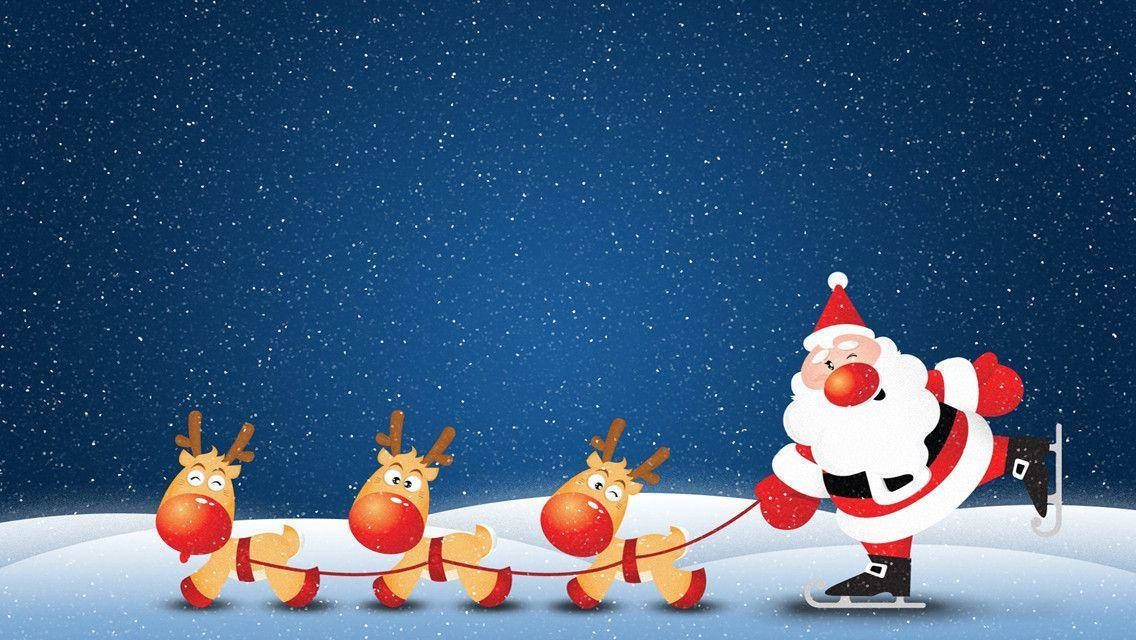 Santa Claus With Reindeer Funny Christmas Wallpaper