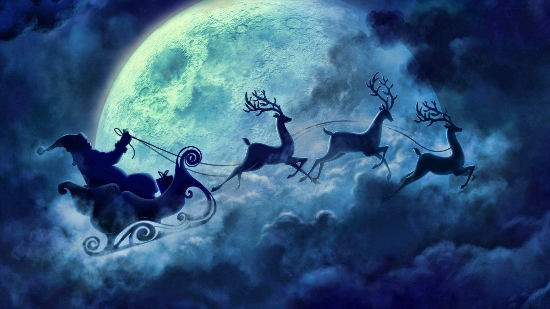 Santa Claus With Reindeers Under Full Moon