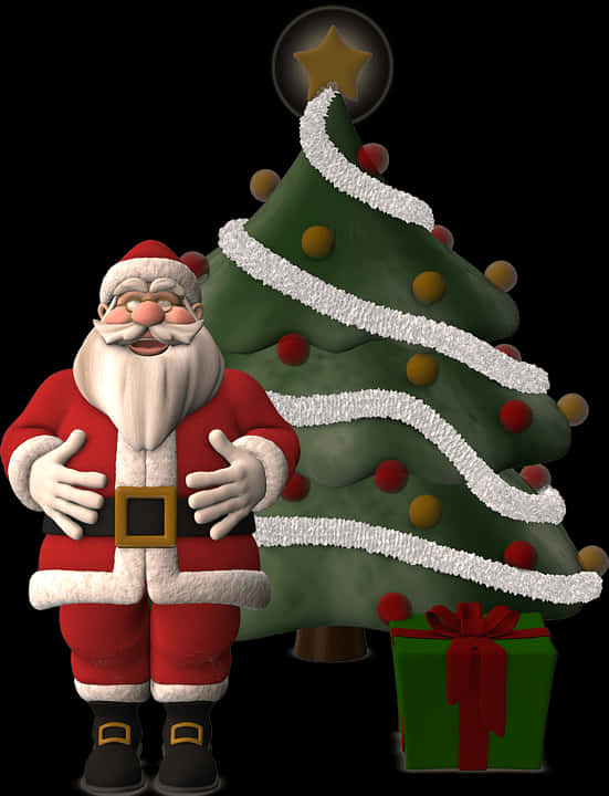 Santa Clausand Christmas Treewith Gift PNG