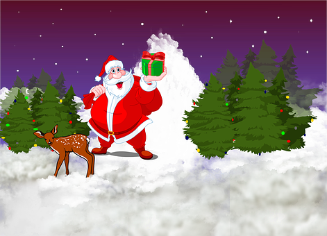 Santa Clauswith Giftand Reindeerin Snowy Forest.jpg PNG