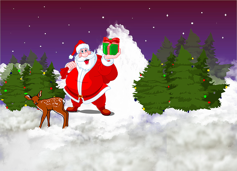 Santa Clauswith Giftand Reindeerin Snowy Landscape.jpg PNG