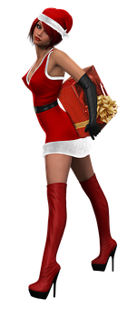 Santa Hat Female Character With Gift Bag PNG