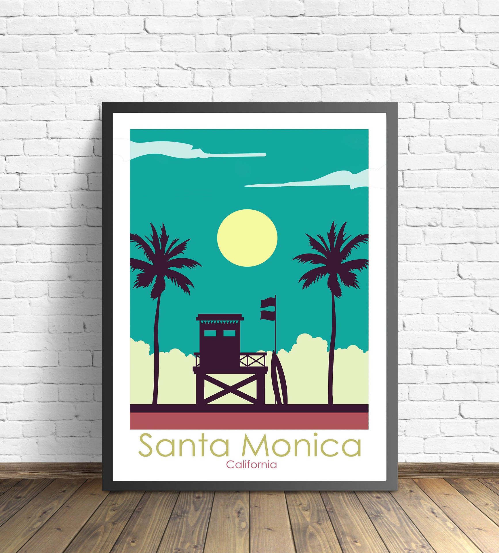 Santa Monica Gulv Plakat Design: En smukt udsmykket design, der afbilderhavet og himlen med træer i solnedgangen. Wallpaper