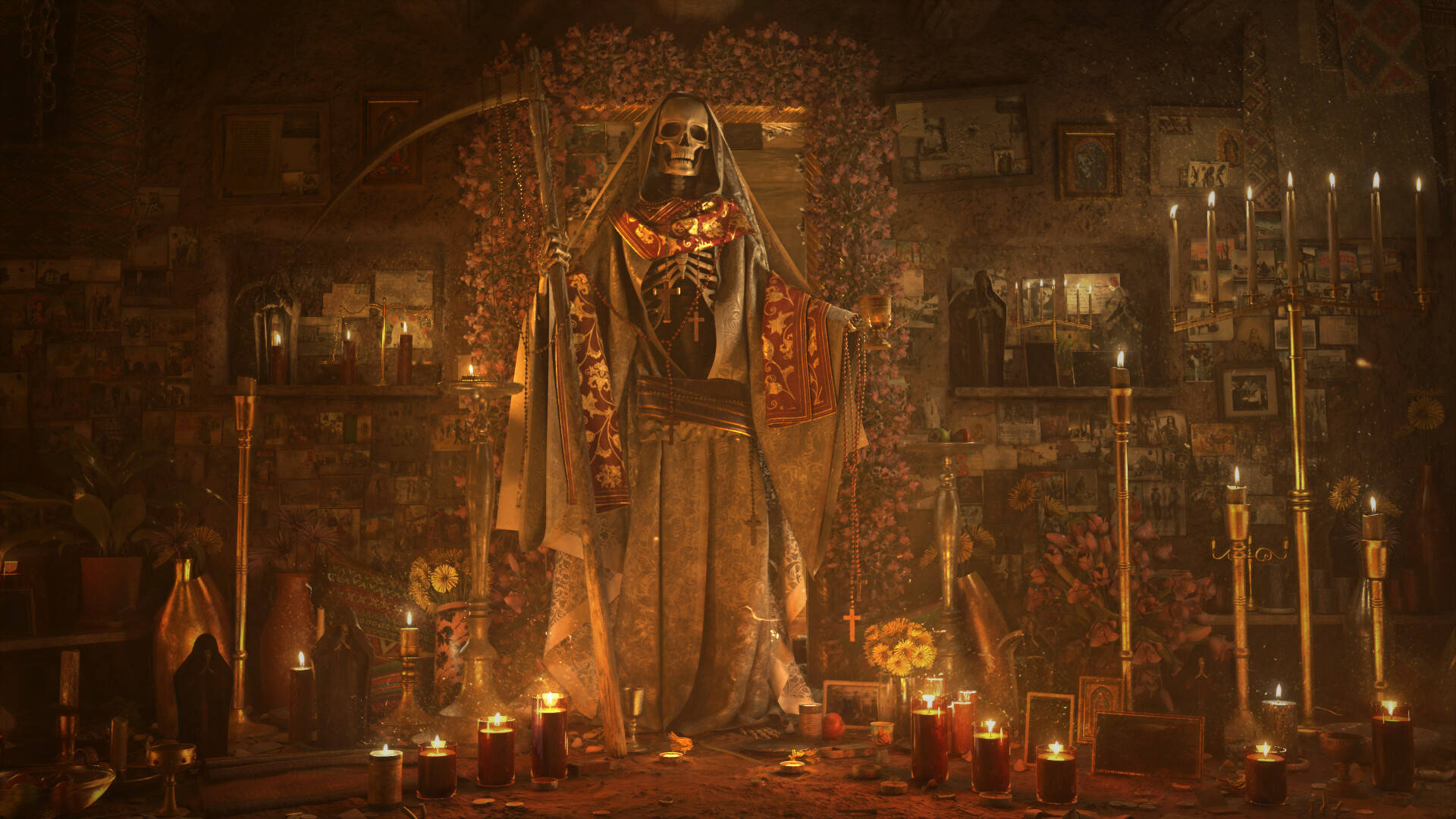 Et skelet står foran vokslys i et skræmmende miljø Wallpaper