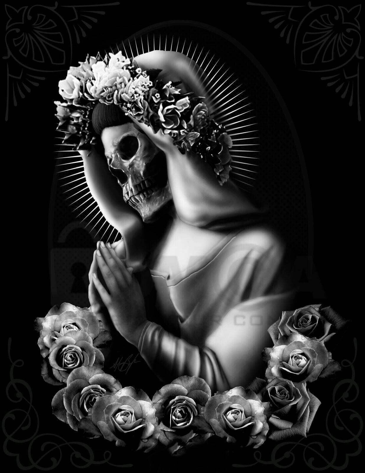 A Skull With Roses And A Cross Wallpaper