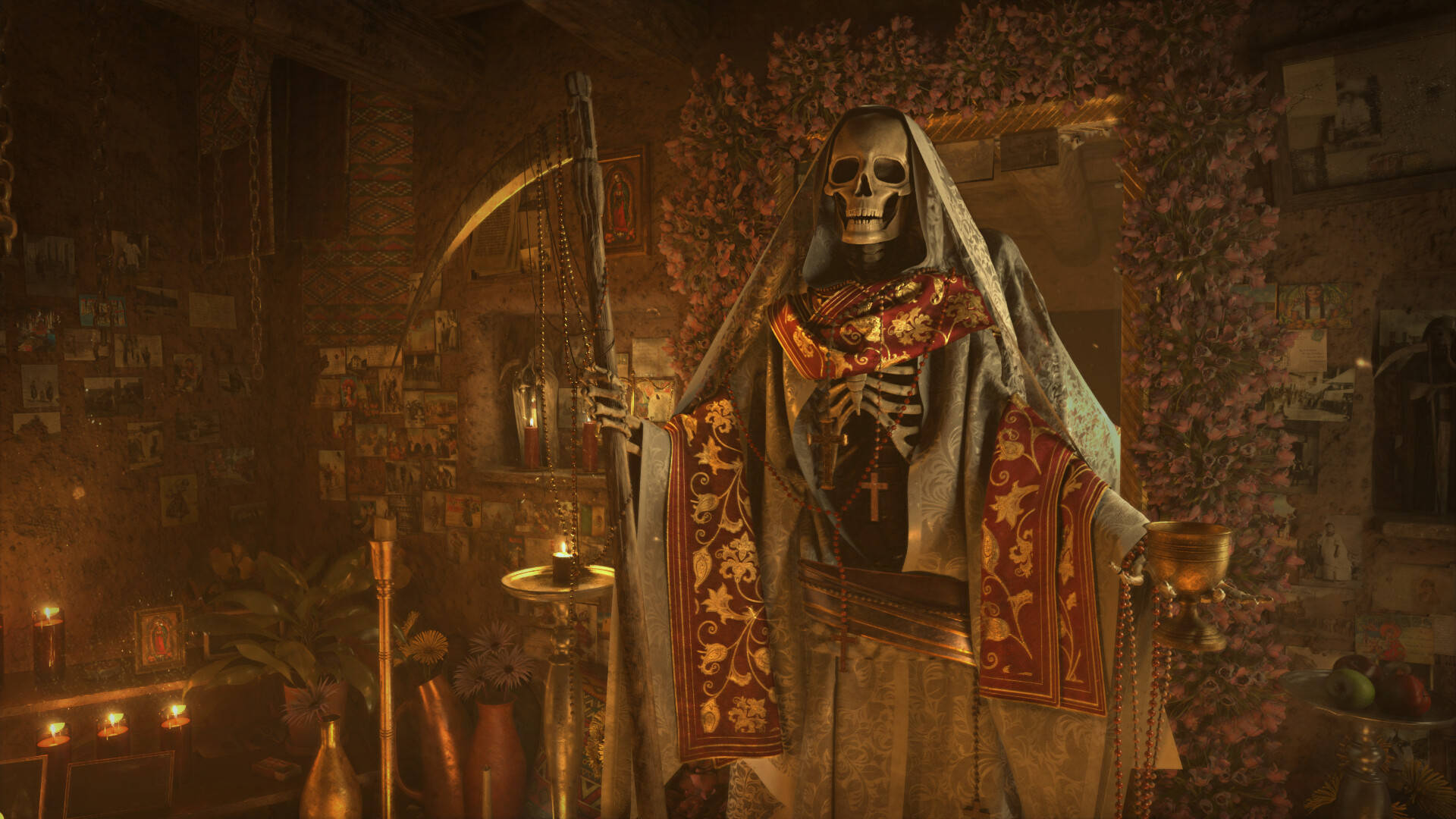 A Skeleton Is Standing In A Room With Candles Wallpaper