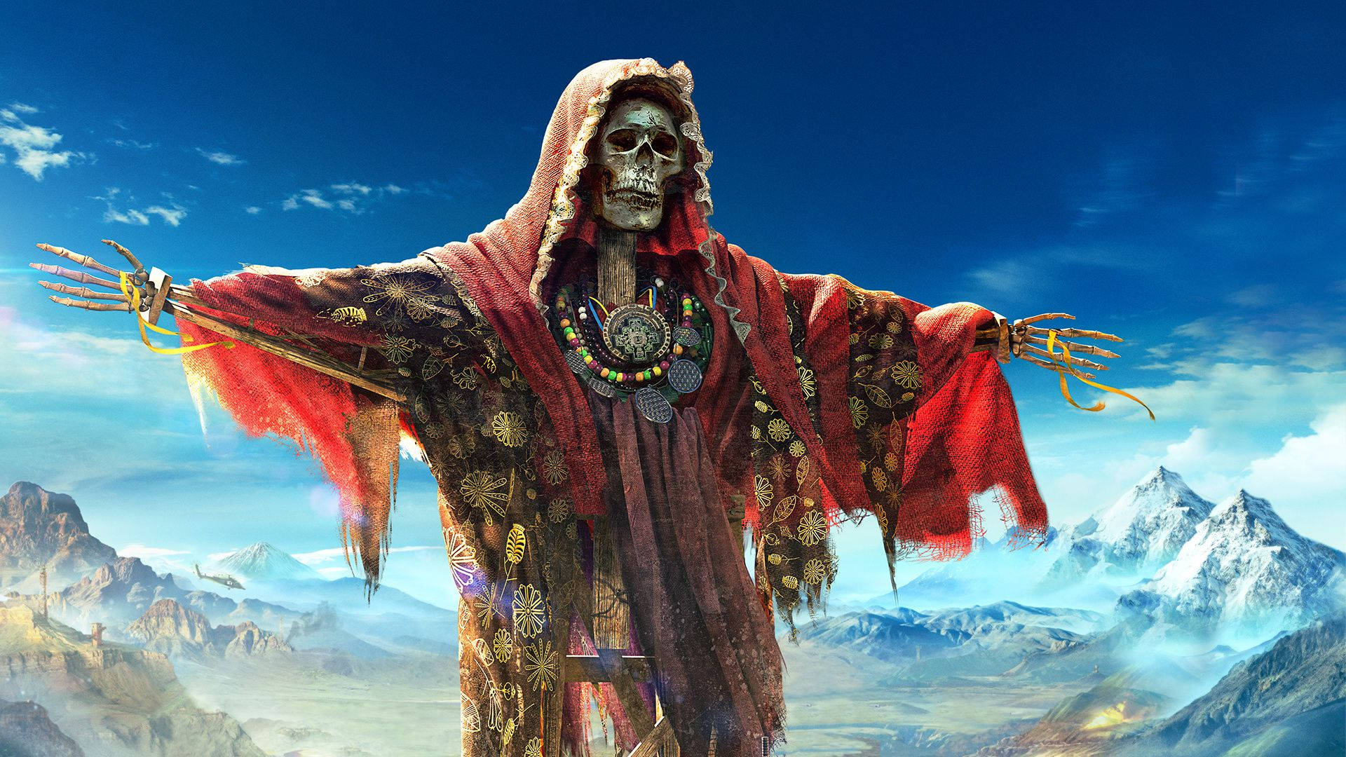 En skelet med et sværd i hånden står oven på et bjerg. Wallpaper