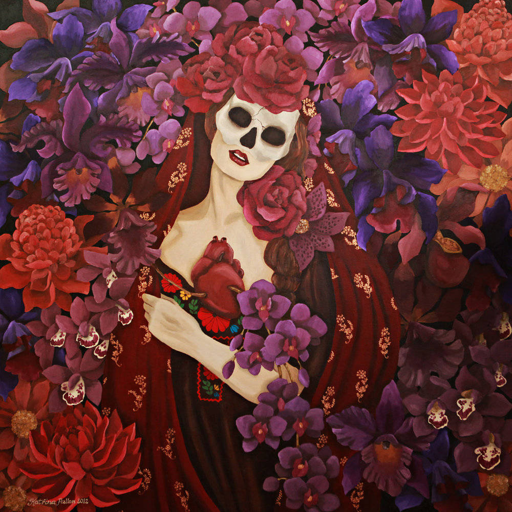 Et maleri af en kvinde med blomster og slagtøj. Wallpaper
