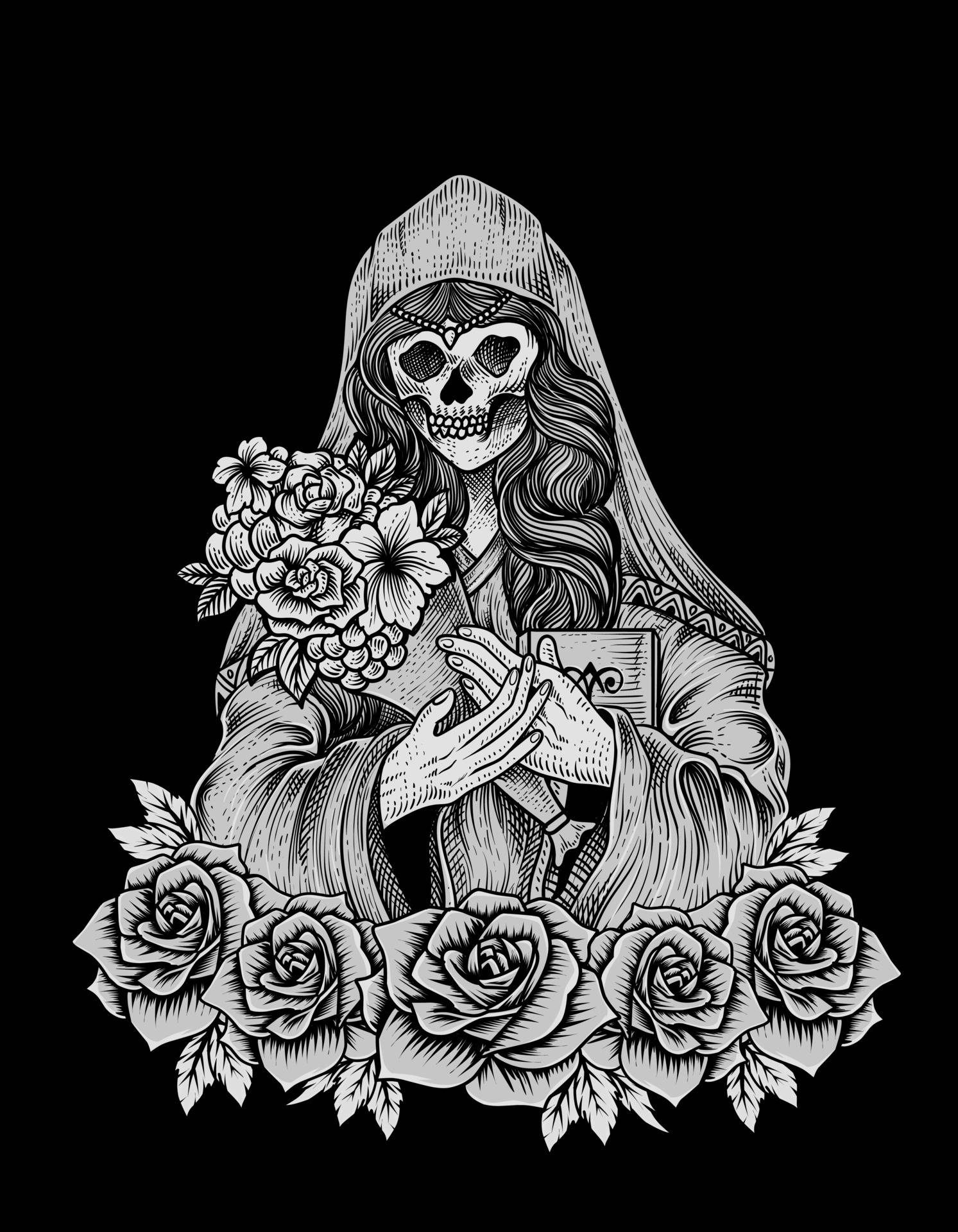 Et skelett som holder roser og et knogle. Wallpaper
