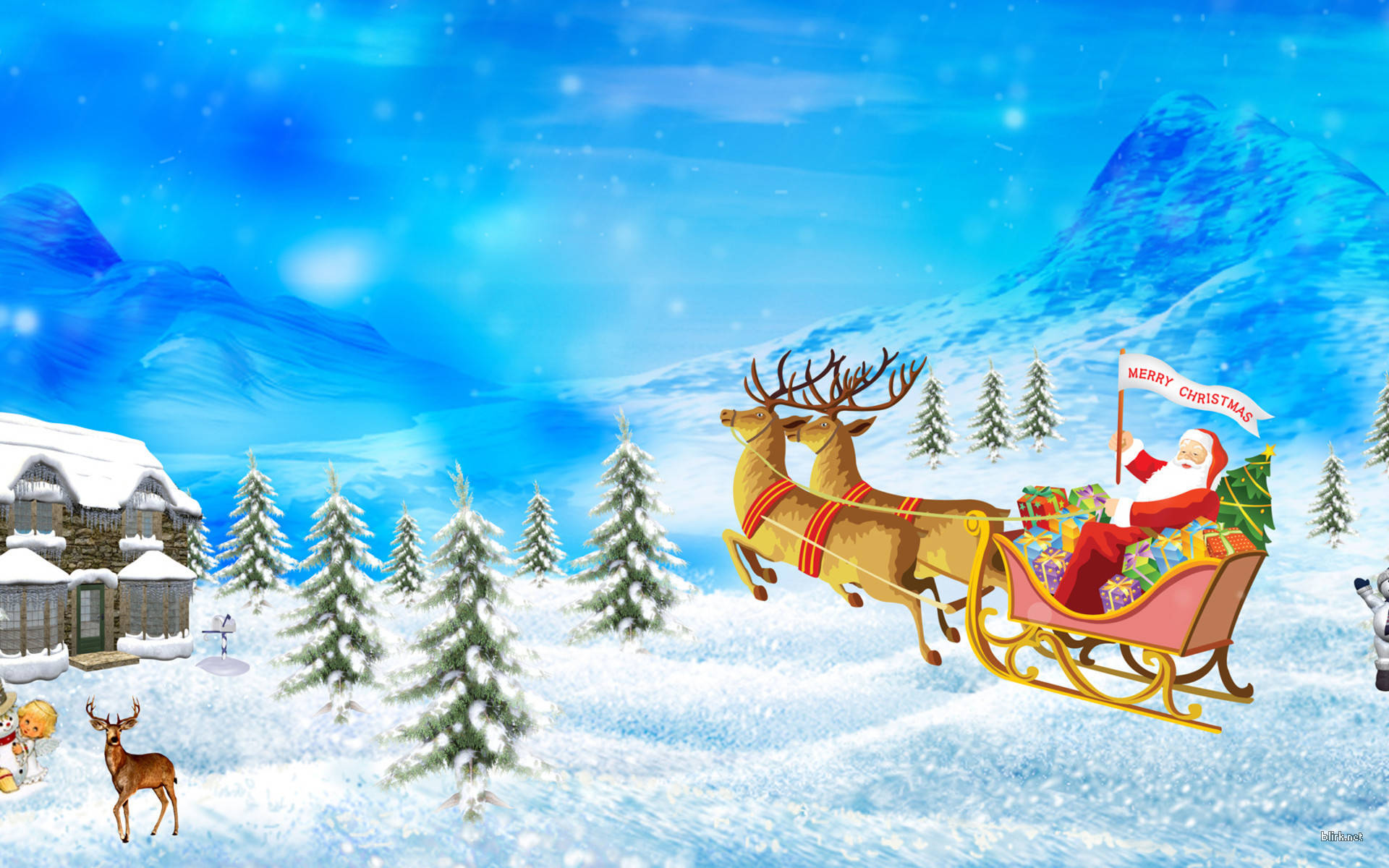 Santa On Sleigh With Reindeer Wallpaper