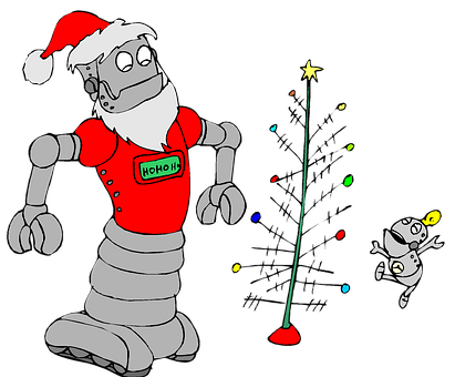 Santa Robot Decorating Christmas Tree PNG