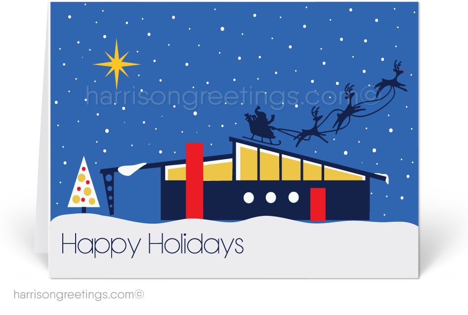 Santa Sleigh Over Modern Building Holiday Card PNG
