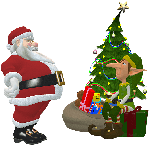 Santa_and_ Elf_with_ Christmas_ Tree_and_ Gifts.png PNG