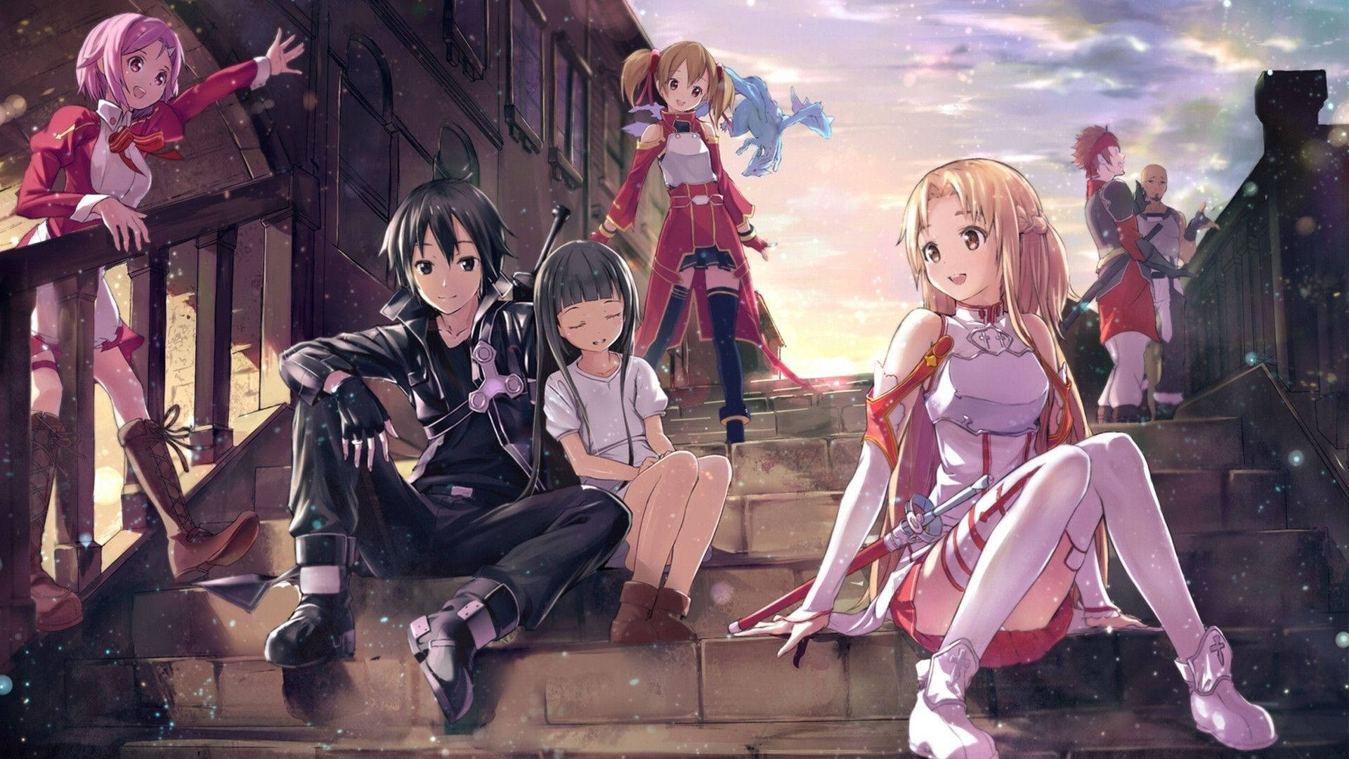 Three members of the SAO cast pose on a set of stairs Wallpaper