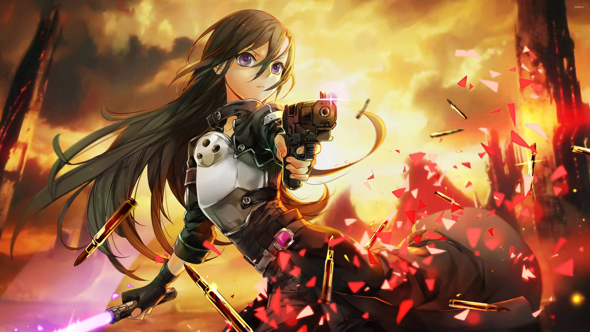 Kirito from Sword Art Online unleashes a barrage of bullets in battle. Wallpaper