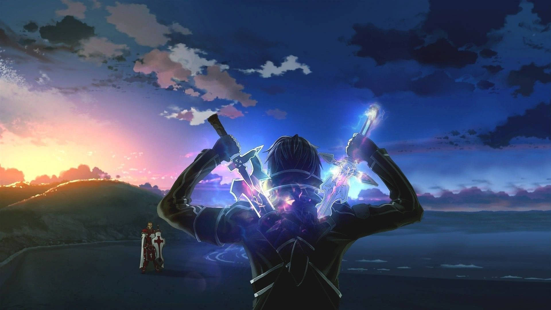 Kirito and Heathcliff duelling on a foggy beach in the MMORPG Sword Art Online Wallpaper