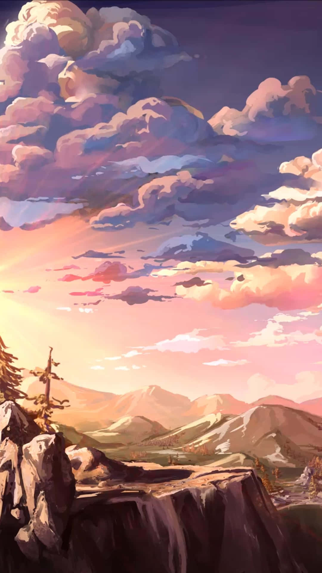 A Painting Of A Sunset Over A Mountain Wallpaper
