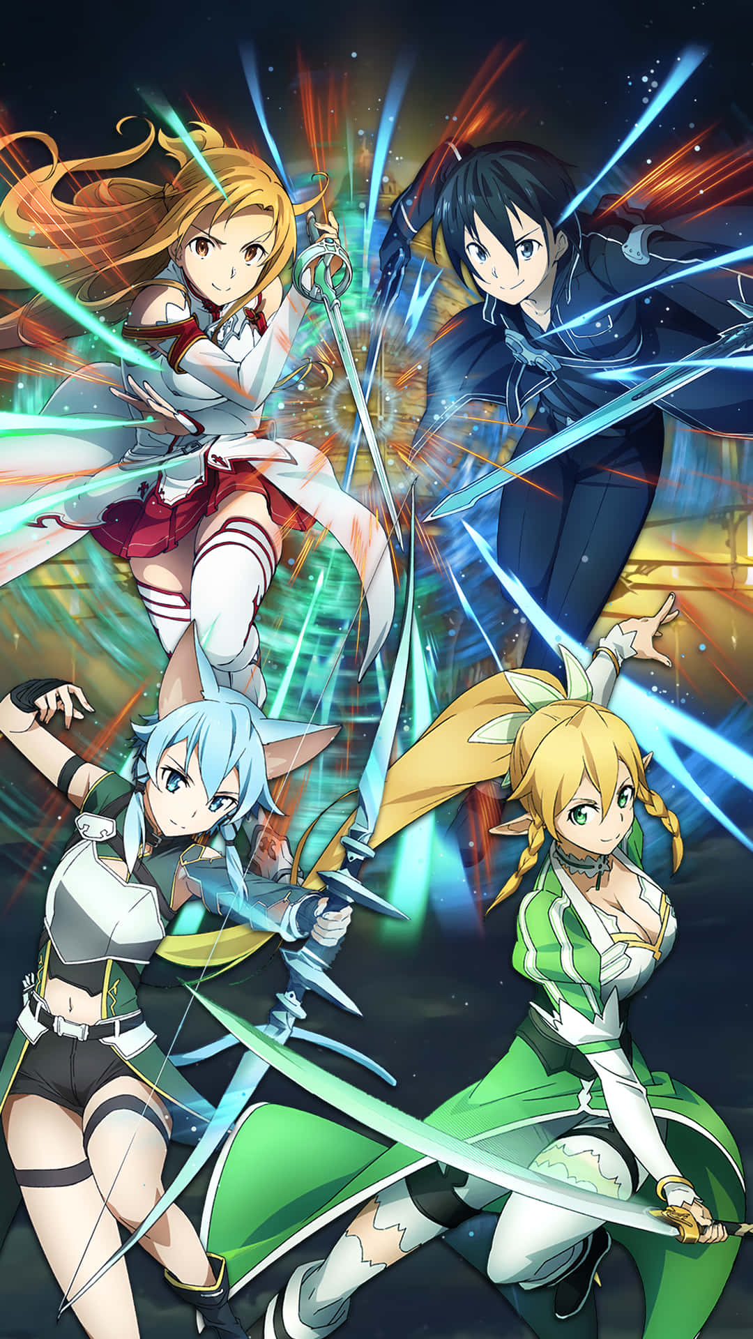 En gruppe anime-karakterer med sværd og pistoler, der kæmper i et magisk land. Wallpaper