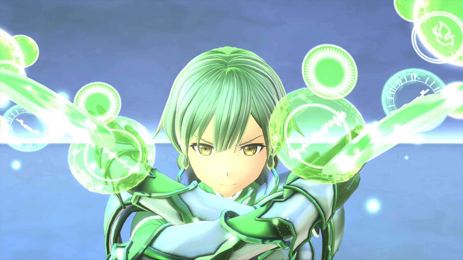 En grøn anime-karakter, der holder en grøn sværd
