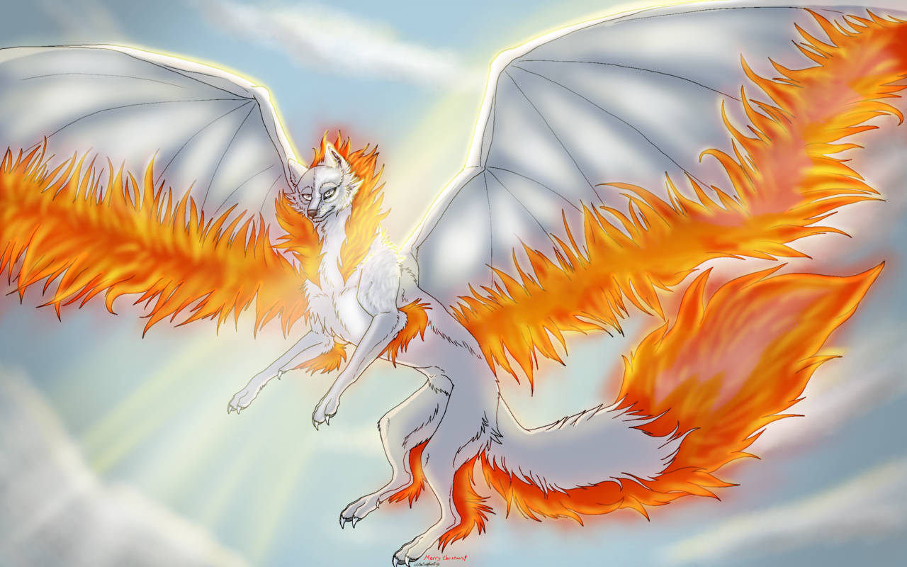 Sapphire White Fox With Fire Wings Wallpaper