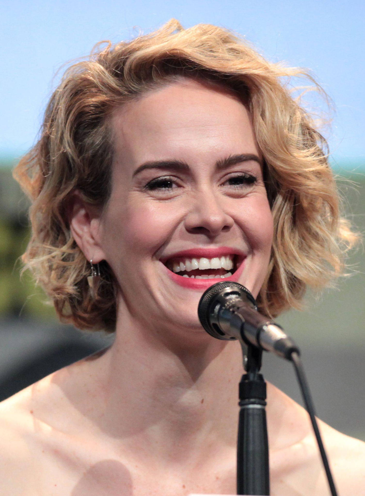 Sarah Paulson Laughing On A Microphone Wallpaper