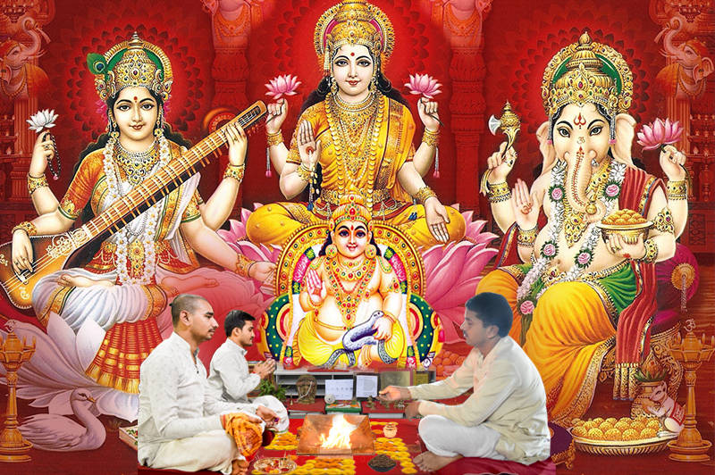 Saraswathi, Ganesh og Lakshmi Kaleidoskop Design. Wallpaper