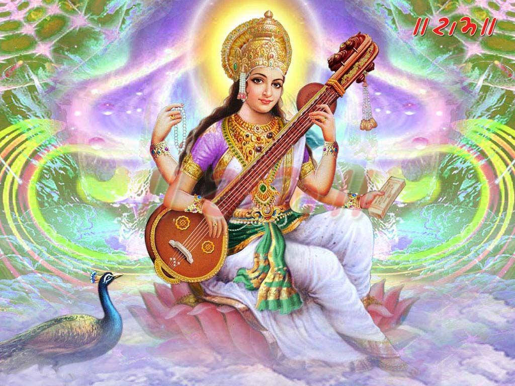 Saraswati Devi Colorful Cosmic Rays Wallpaper