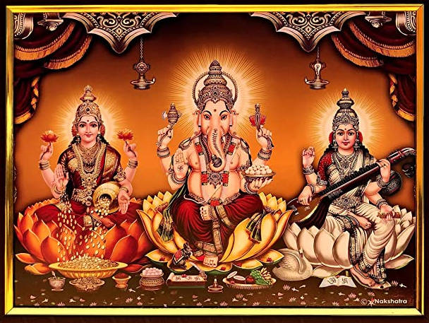 Saraswati Lakshmi Ganesha Glowing Wallpaper