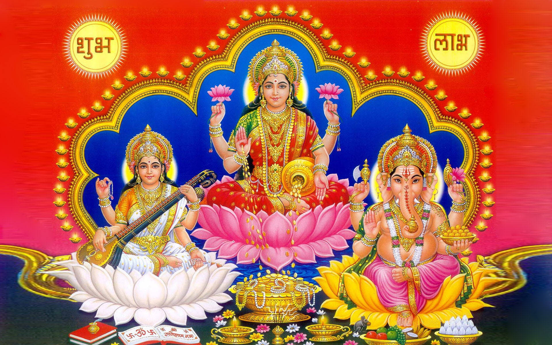 Saraswati Lakshmi Ganesha Lotus Thrones Wallpaper