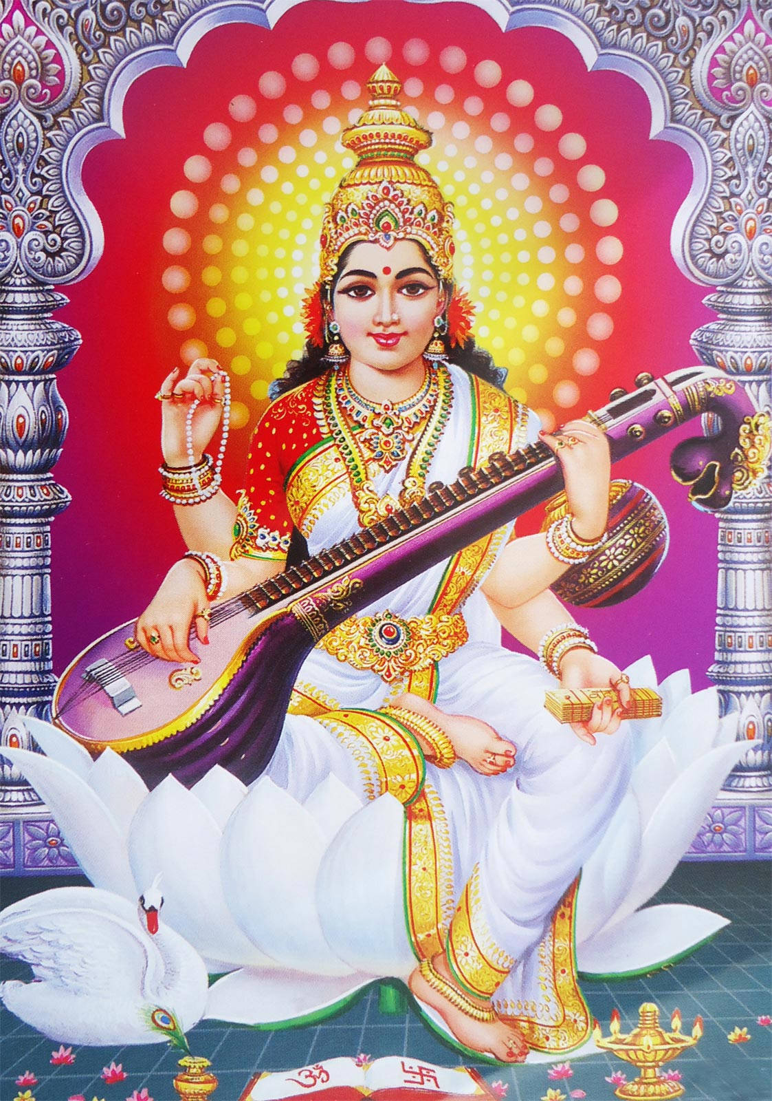 Download Saraswati White Flower Throne Wallpaper 