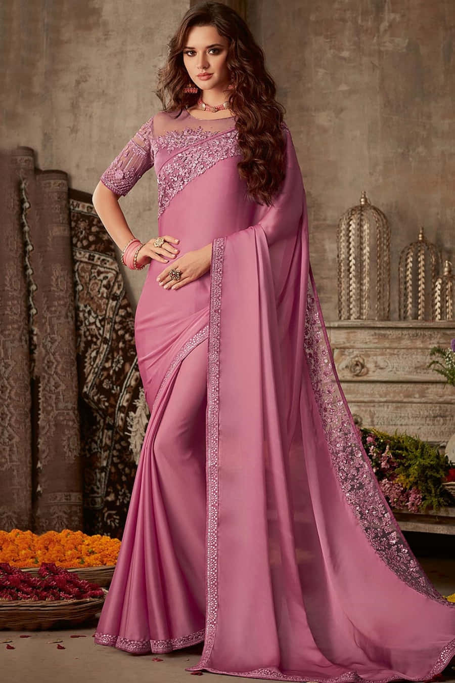 Pink Georgette Saree With Embroidered Border