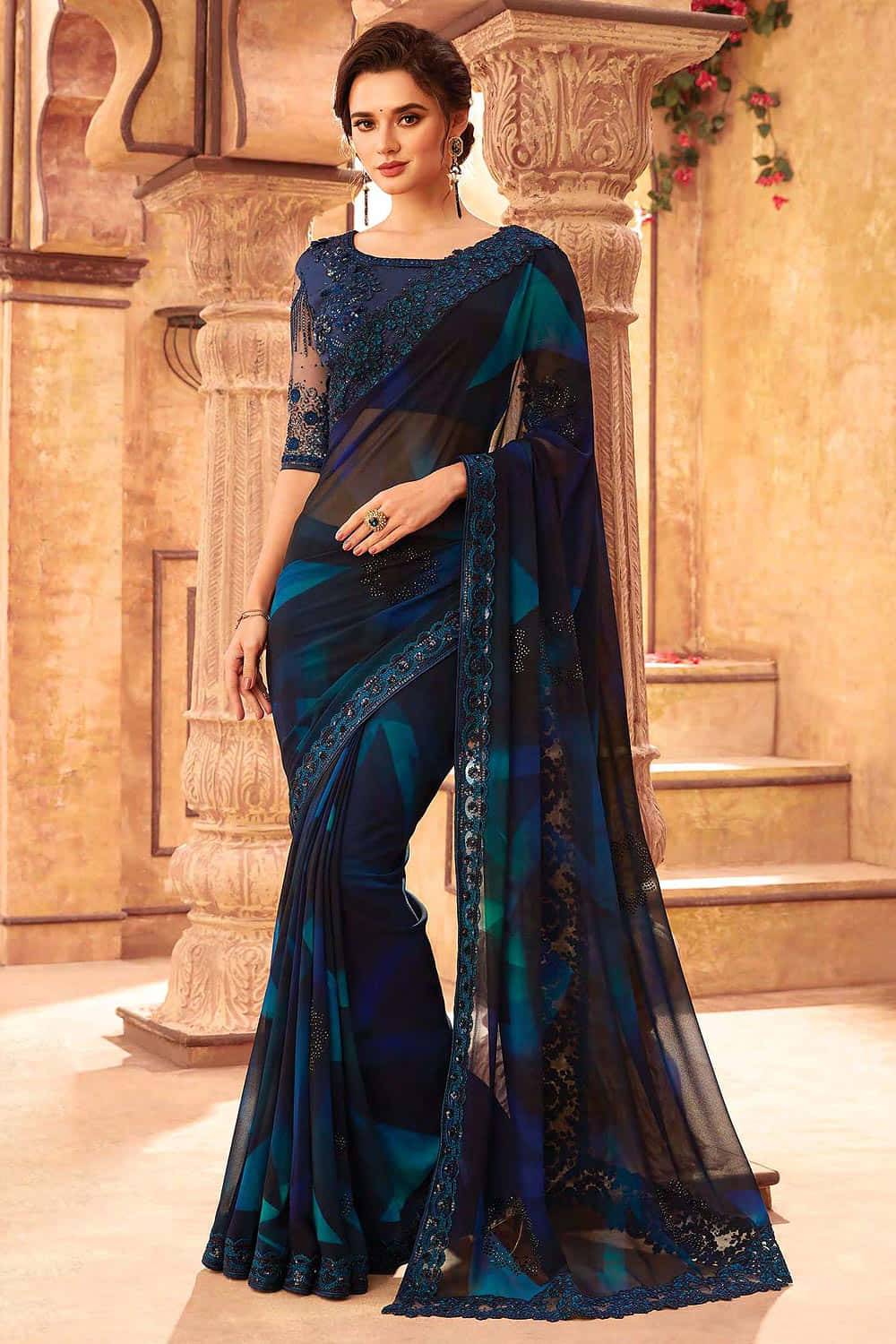 Blue Georgette Saree With Blue Border