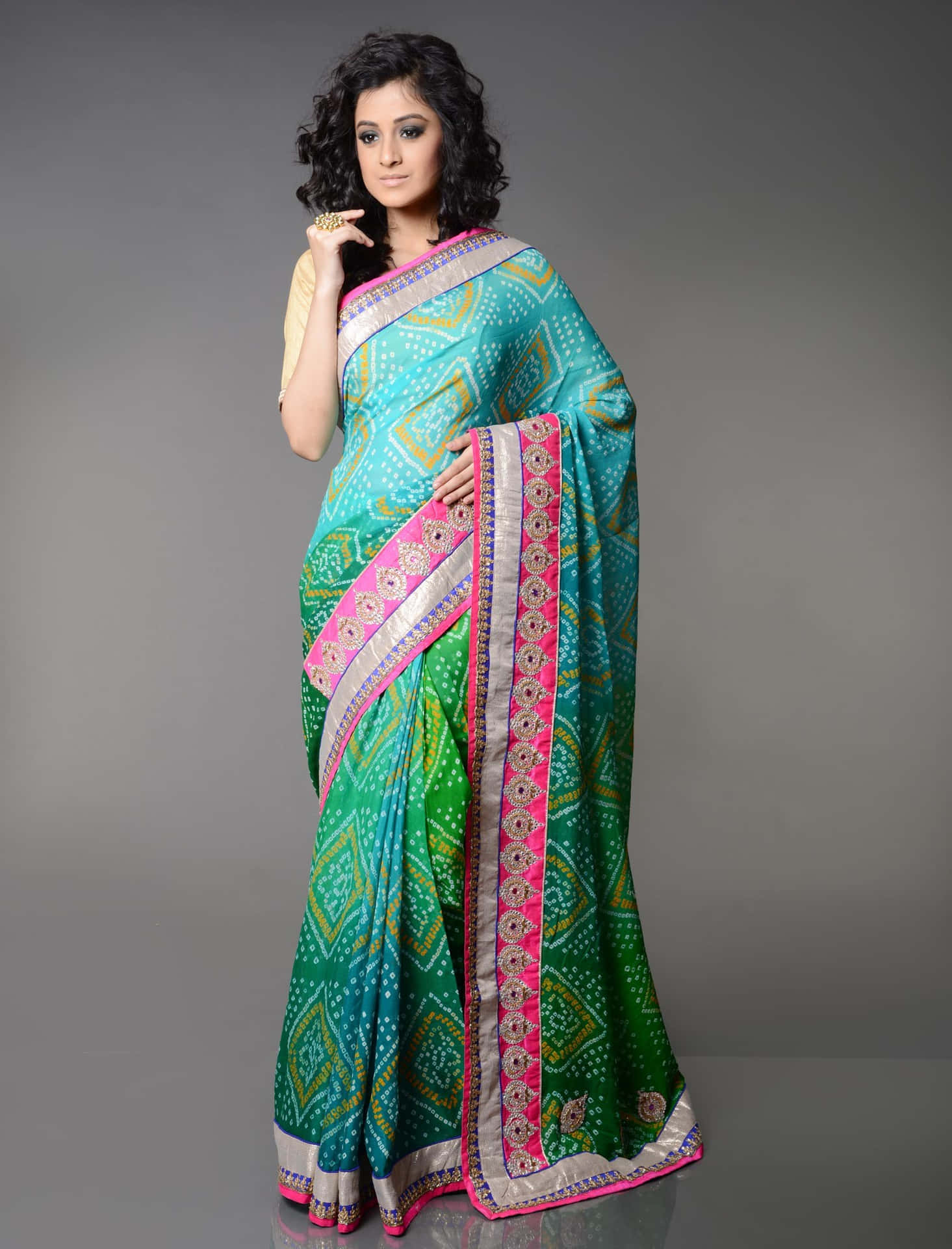 A Woman In A Blue And Green Sari