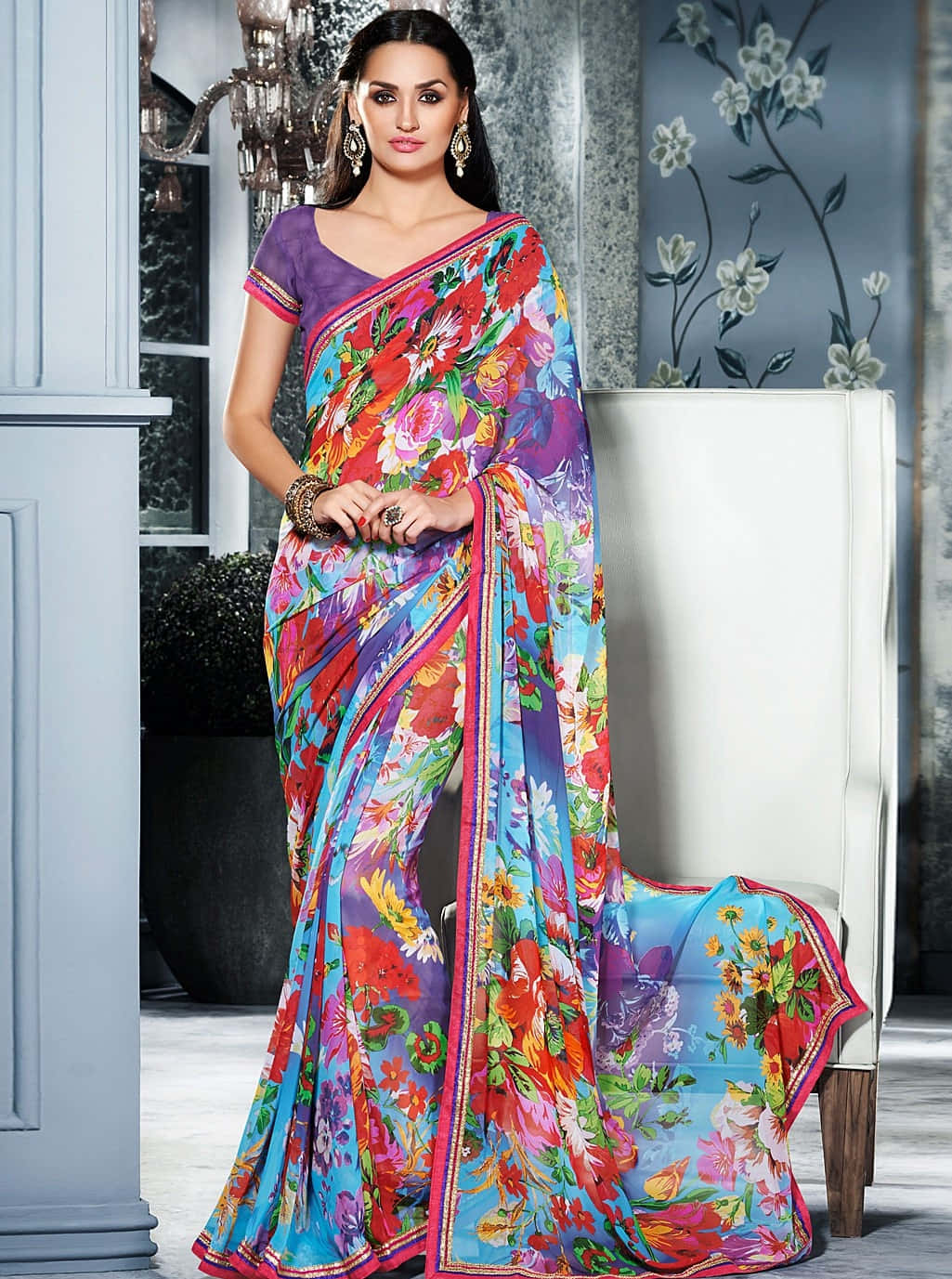 A Beautiful Woman Wearing A Colorful Printed Saree