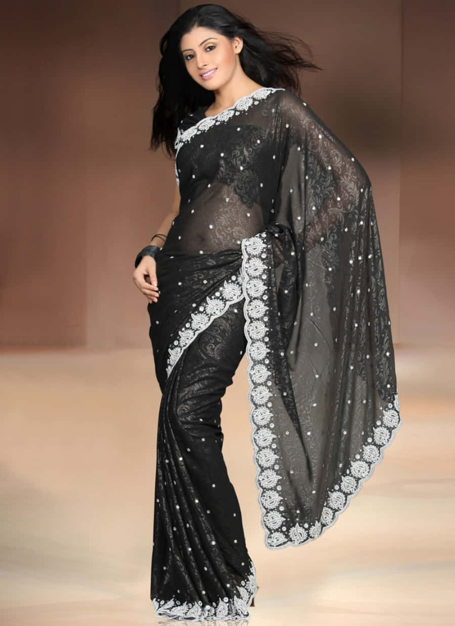 Black And White Sari With Embroidered Border