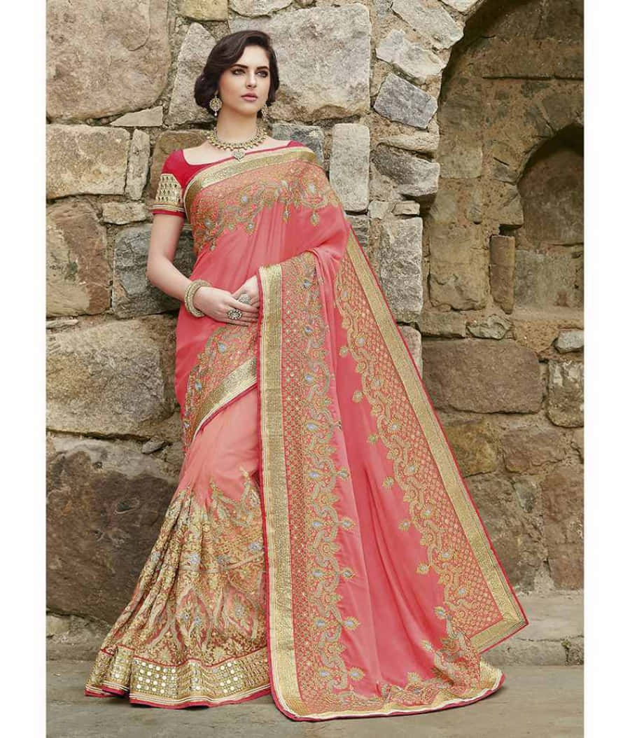 A Beautiful Pink And Gold Embroidered Saree
