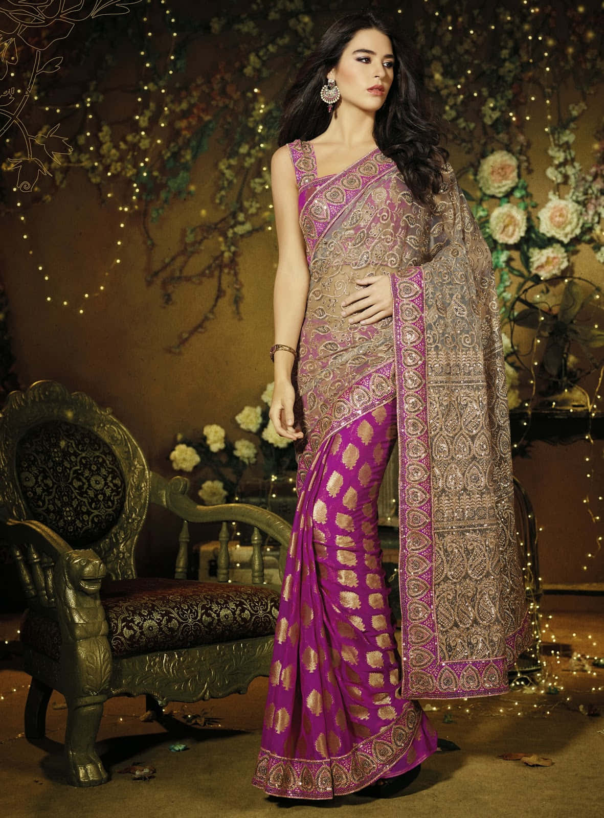 A Beautiful Woman In A Purple And Grey Sari