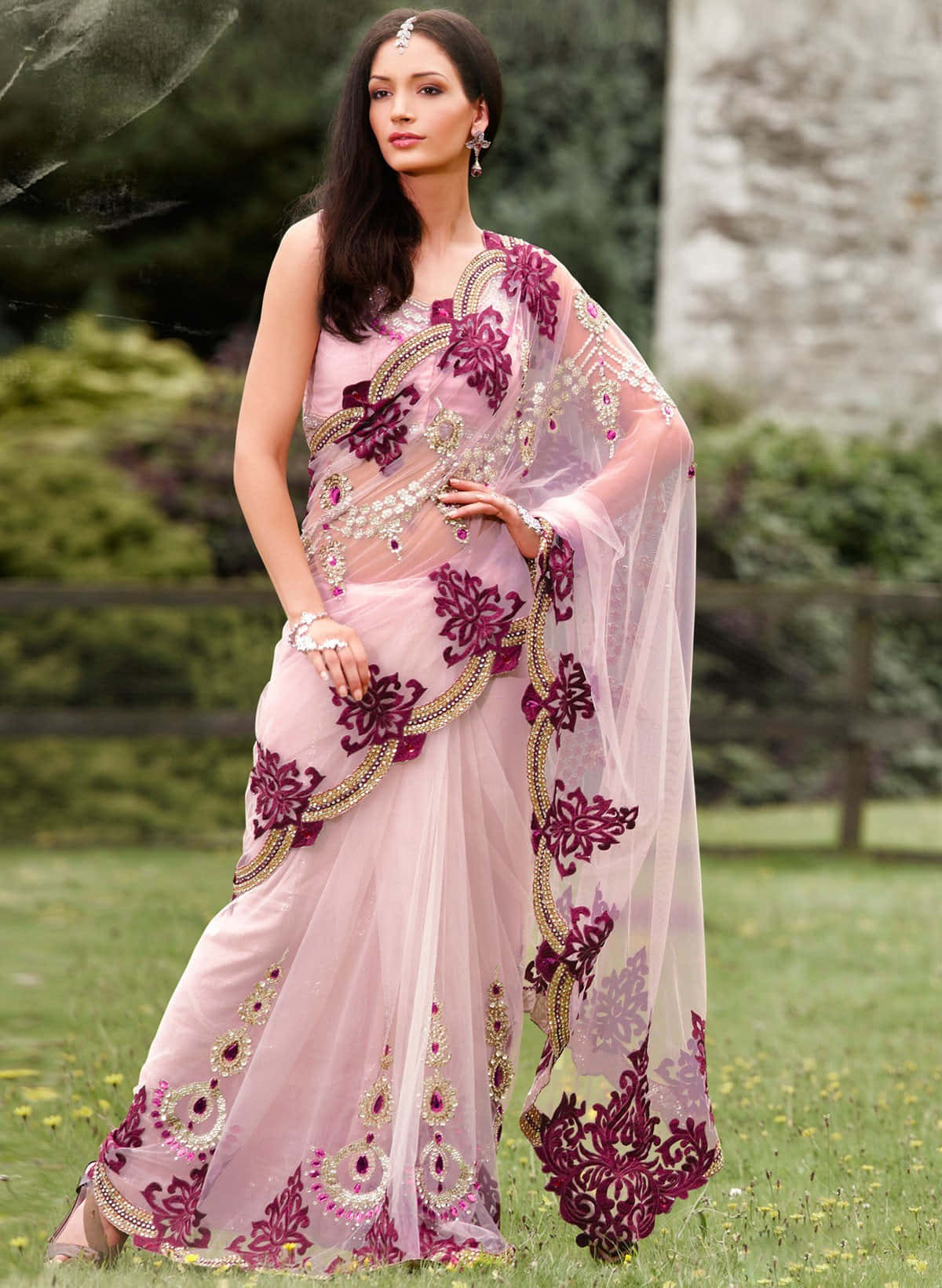A Woman In A Pink Sari Posing In The Grass