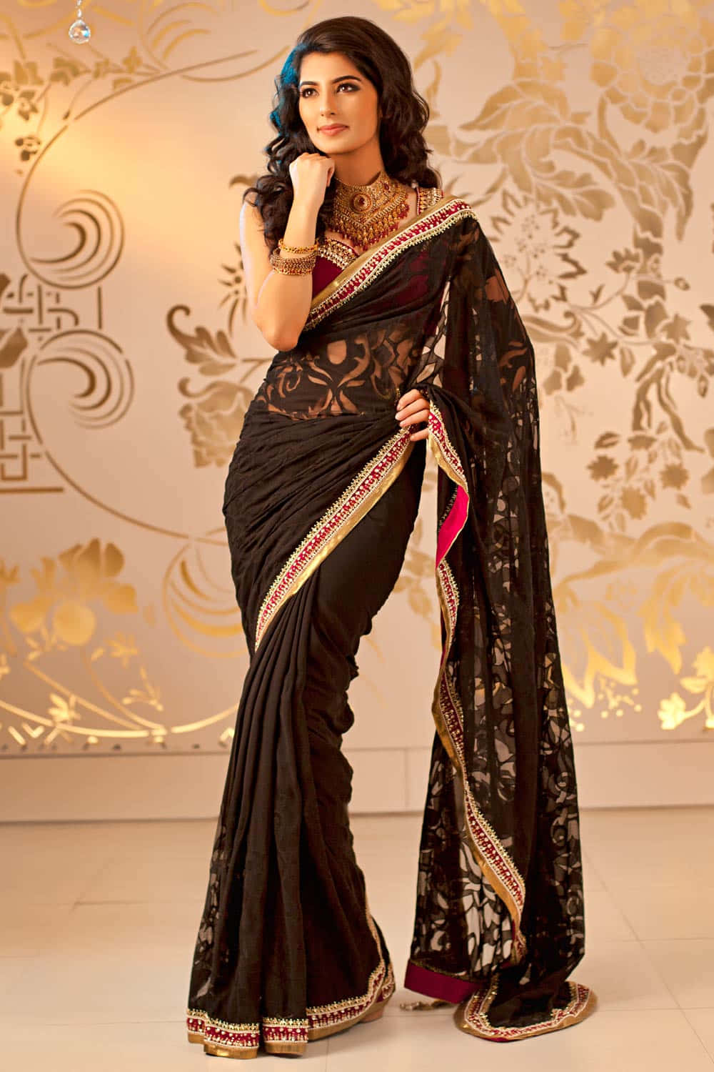 Black Sari With Gold Embroidery