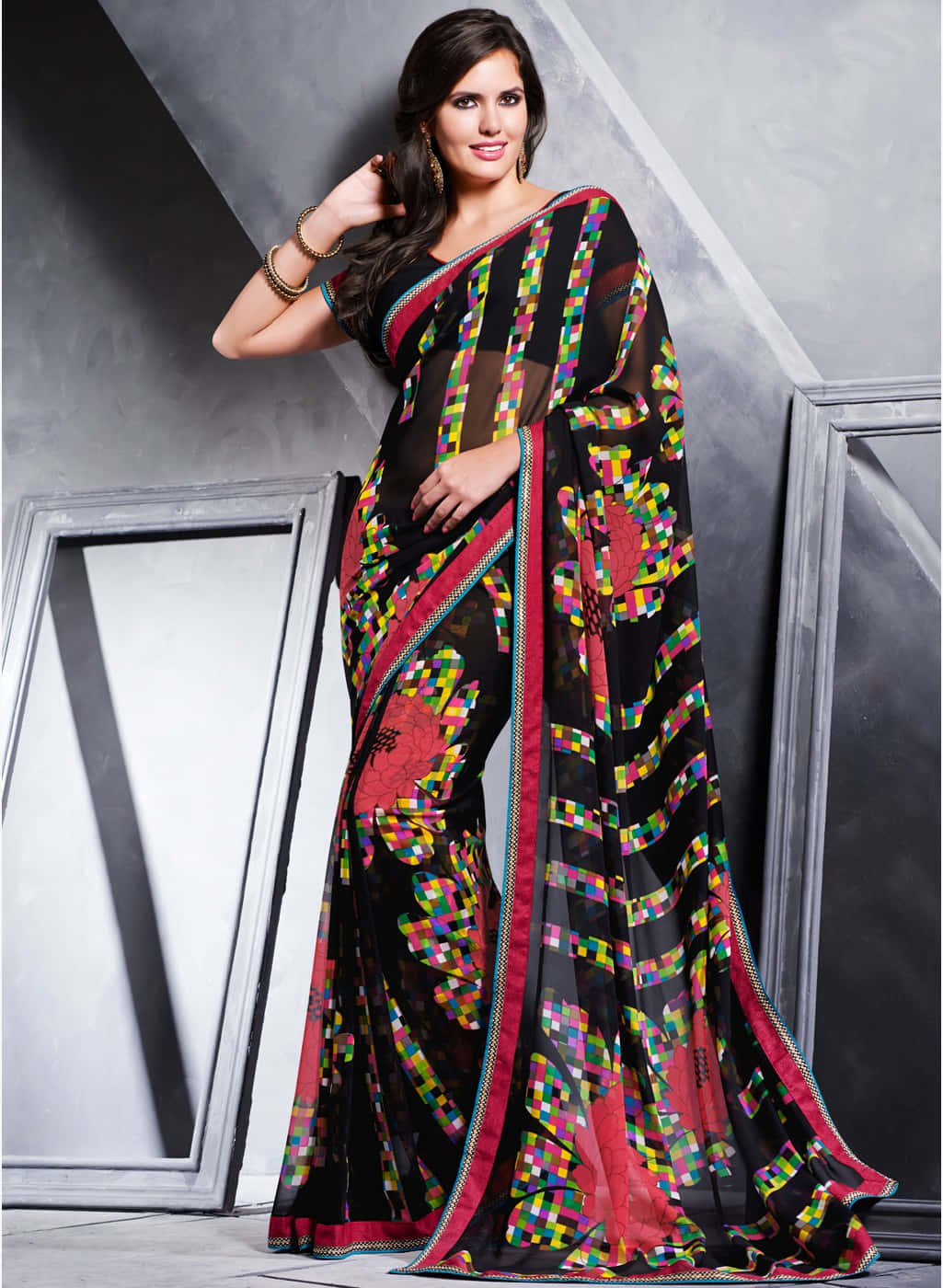 Black And Multi Colored Printed Saree