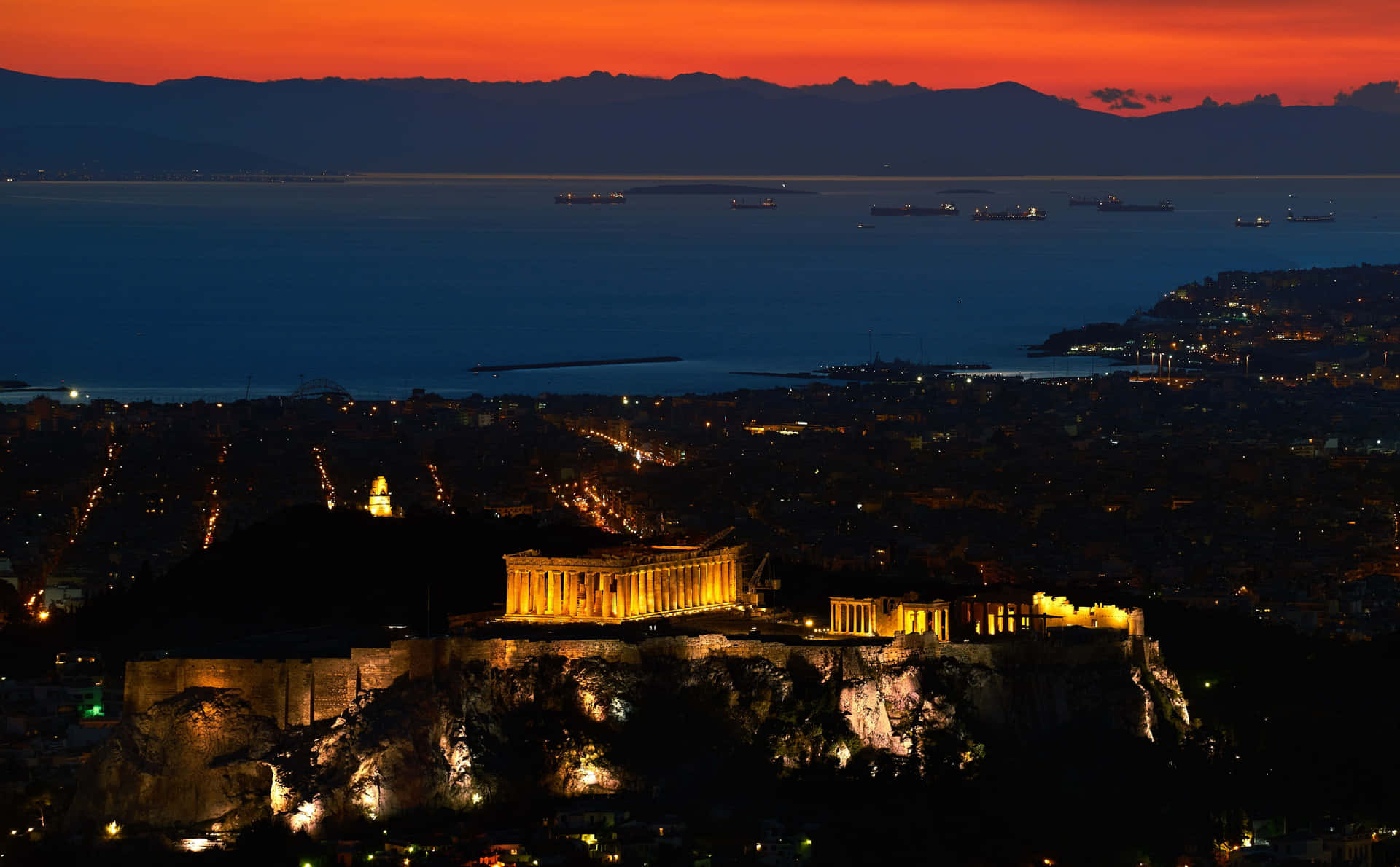 Saronic Gulf With The Entire Acropolis During Sunset Wallpaper